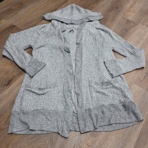 Mudd Women Gray Waffle Knit Hooded Cardigan Open Front Pocket Sweater Large L